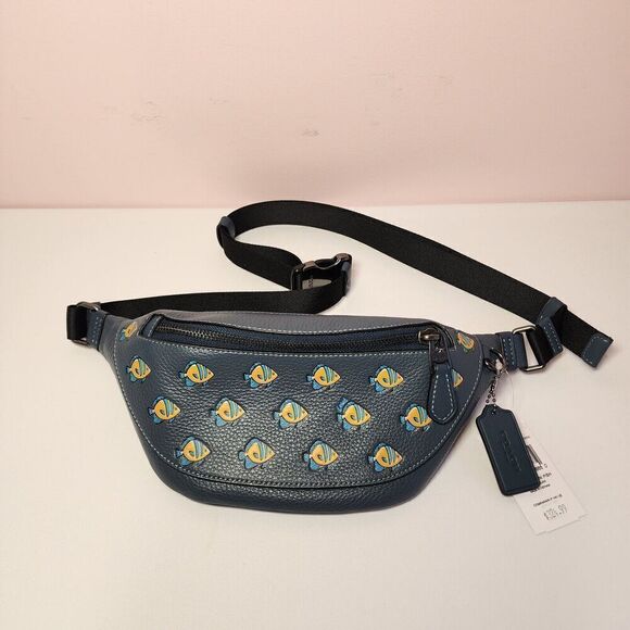 NWT Coach CT872 Warren Mini Belt Bag Pebble Leather Fish Print Denim/Multi - Picture 1 of 5